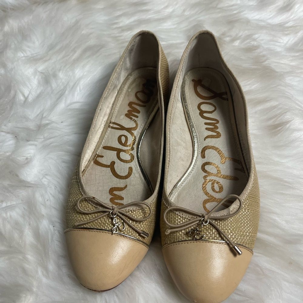 Sam Edelman leather tan and beige Rafia slip on flats bow  accent size 8 - Picture 10 of 10